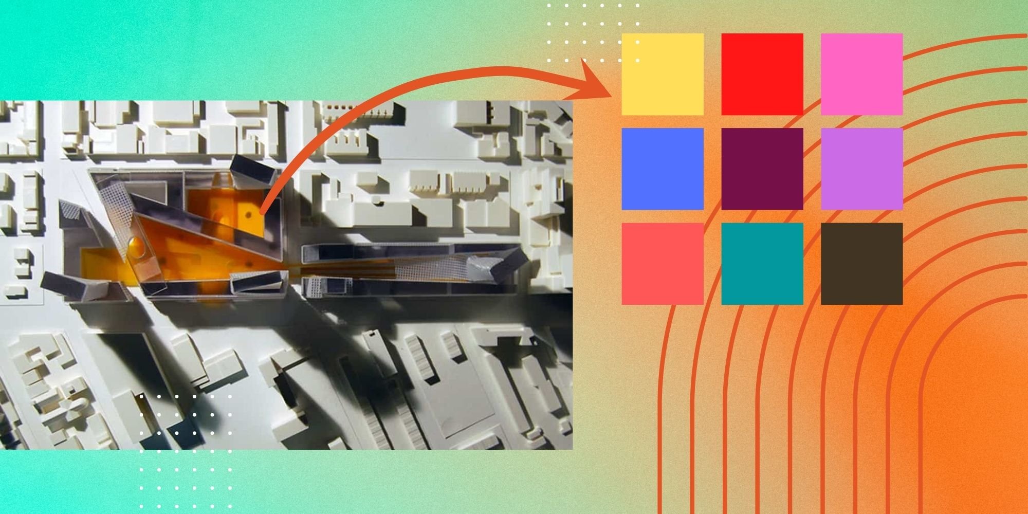 A 3D printed model building with an arrow pointing to different colour options. A 3D printed model building with an arrow pointing to different colour options.