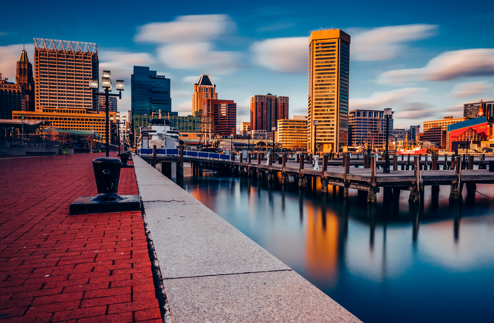 Long exposure of the Baltimore Skyline and Inner Harbor Promenade, Baltimore, Maryland Long exposure of the Baltimore Skyline and Inner Harbor Promenade, Baltimore, Maryland